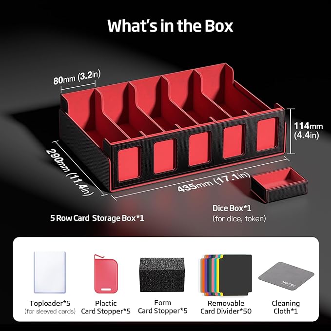 Trading Card Storage Box 5-Row 3900+ Capacity,TCG MTG Card Case with Magnetic Lid & Commander Display,Top Loader Storage for Sports Cards,Includes Dividers Dice Box（Black＆Red） - Image 2