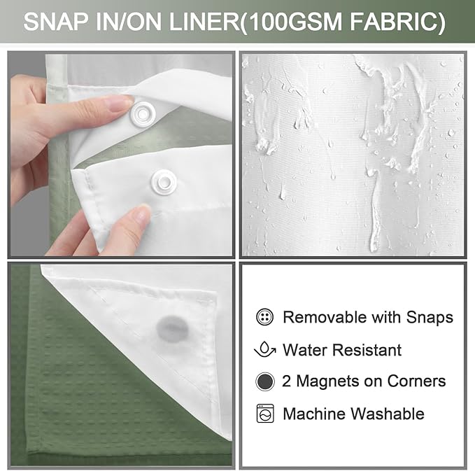 No Hook Shower Curtain and Liner Set,Ombre Green Hotel Waffle Shower Curtain with Liner 75" L x 72" W - Image 3