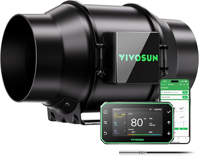 VIVOSUN G6 6" Inline Duct Fan & Temperature Humidity Controller, E42A+ WiFi-App Control AeroZesh Grow Tent Fan& Smart Thermostat, 388 CFM EC Motor Exhaust Fan for Heating Cooling, Greenhouse Accessory by VIVOSUN