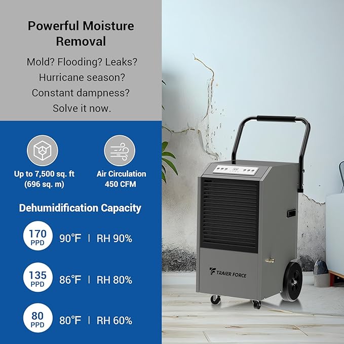 Traver Force Commercial Dehumidifier, 170 Pint Large Dehumidifier with Pump Drain Hose, Up to 7,500 sq. ft, for Crawl Space, Basement, Warehouse, Water Damage Restoration, Job Sites - Image 3