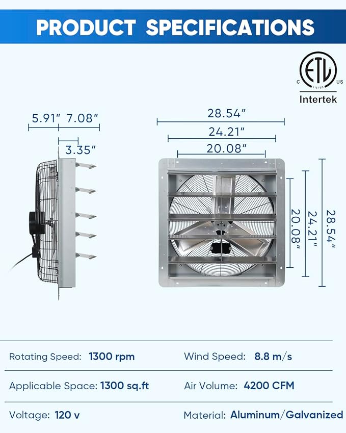 KEN BROWN 24 Inch Shutter Exhaust Fan with Speed Controller, 4200CFM High Speed, Wall Mounted Ventilation Fan for Garage, Attic, Greenhouse, Shed, Shop, Chicken Coop, Pre-Wired 1.65M Power Cord - Image 2