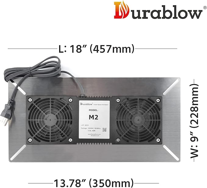 Durablow 220 CFM Air-Out Stainless Steel Crawl Space Vent Fan, Dual Fans, Foundation Vent, Radon Mitigation, for Crawl Space, Basement, with Freeze Protection Thermostat (Stainless steel, M2) - Image 2