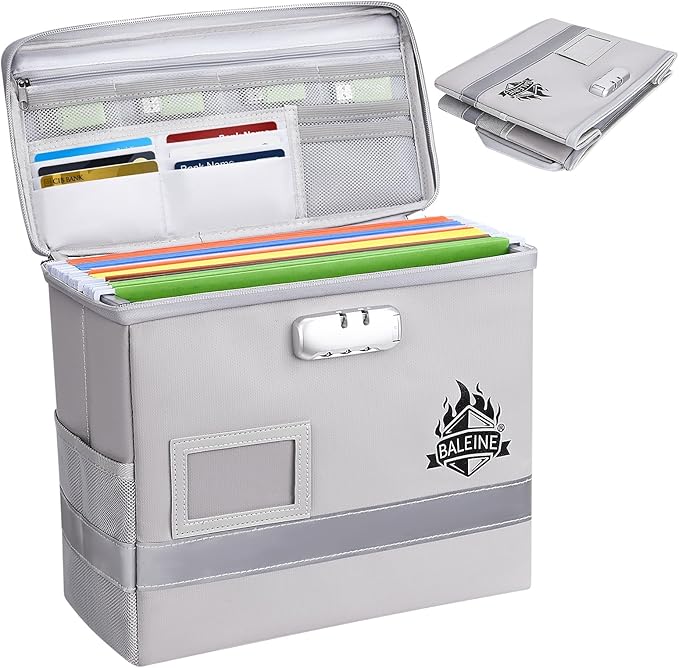 BALEINE Fireproof Document Box with Lock, Portable Fireproof Document Bag Waterproof Fire Proof File Boxes for Documents, File Organizer Box for Important Paperwork (Silver, 12.5''x10.5''x6'') by BALEINE