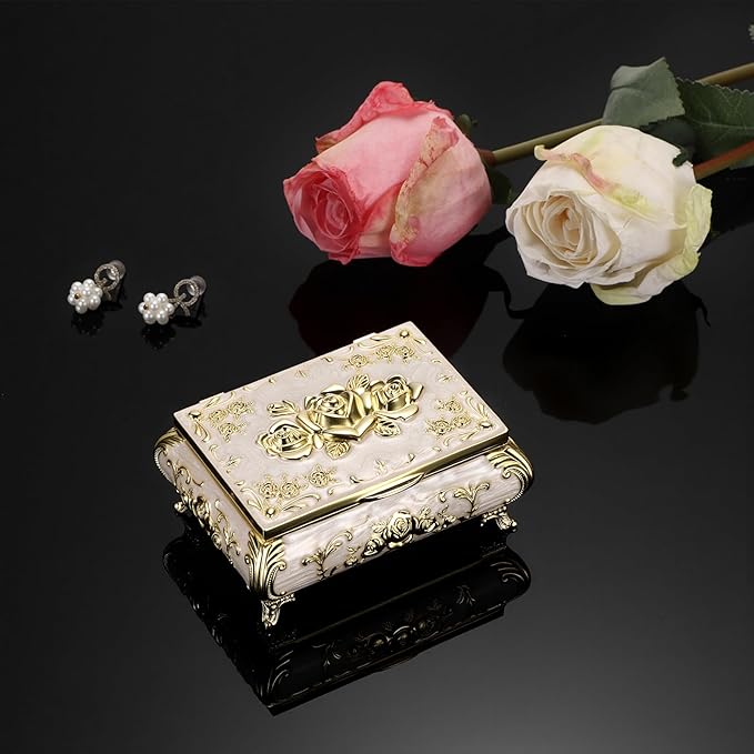 Hipiwe Vintage Jewelry Box Metal Trinket Chest Treasure Display Case for Rings Earrings Organizer Rectangular Decorative Keepsake Storage Box, Small - Image 7