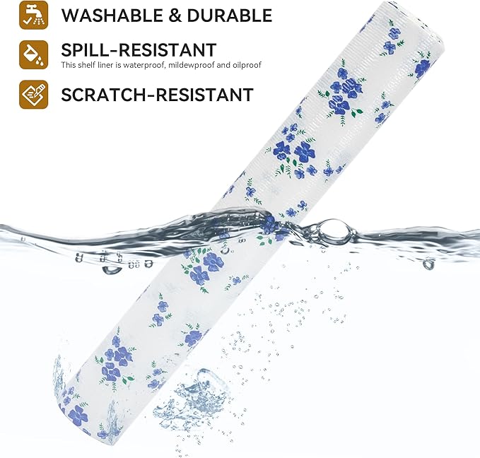 RAY STAR Shelf Liner, 12 Inch x 20 Feet Non Adhesive Blue Floral Kitchen Cabinet Liner for Pantry Drawer Vanity, Strong Grip Non Slip Waterproof, Shelf Liners for Kitchen Cabinets Cupboard - Image 2