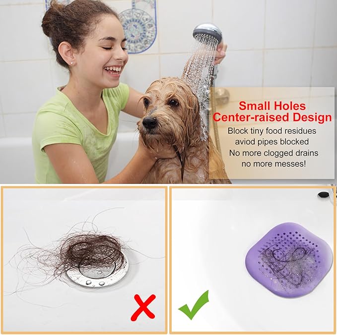Hair Drain Catcher,Square Drain Cover for Shower Silicone Hair Stopper with Suction Cup,Easy to Install Suit for Bathroom,Bathtub,Kitchen 2 Pack (Purple Green) - Image 3