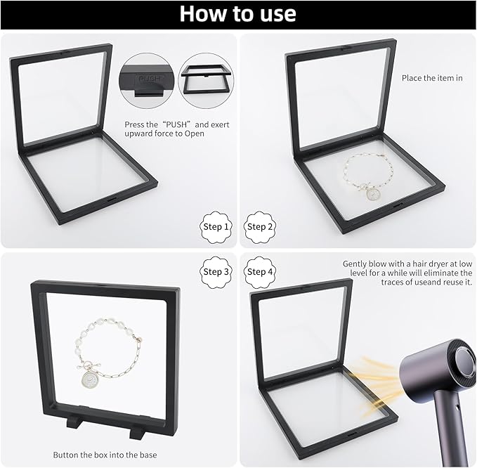 10 Pcs Floating Frame Case with Stands 7x7x0.8 in, Black Challenge Coin Display,Transparent PE Jewelry Storage Box, Floating Display Holder Stands for Antique Challenge Coins Medallion Fossil Specimen - Image 4