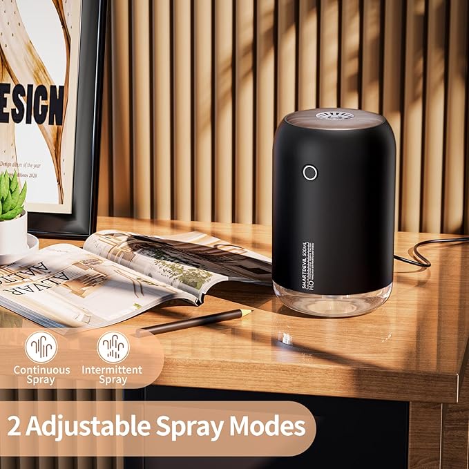 SmartDevil Portable Mini Humidifier, 500ml Desk Plant Humidifier, USB Personal for Bedroom, Office with Night Light, 2 Mist Modes, Black - Image 2