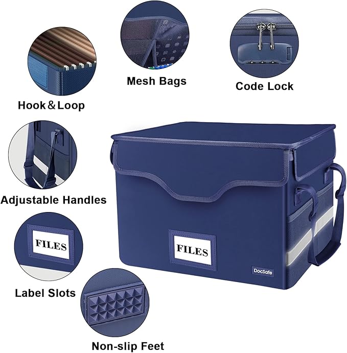 DocSafe Fireproof Document Box with Lock, File Storage Organizer with Mesh Pockets, Collapsible Portable File Box Home Office Safe Filing Cabinet with Handle for Hanging Letter/Legal Folder, Blue - Image 4