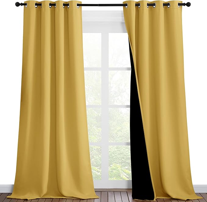 NICETOWN Bright Yellow Full Shade Curtain Panels, Pair of Thermal Insulated & Energy Efficiency Blackout Drapes for Living Room Windows, Lined Silky Performance Window Dressing (46" Wide x 90" Long) by NICETOWN