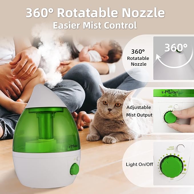 Cool Mist Humidifier for Bedroom & Small Rooms, Quiet 360° Rotation Nozzle, Adjustable, Night Light & Auto Shut-Off, Ideal for Office, Nursery & Plants - Image 2