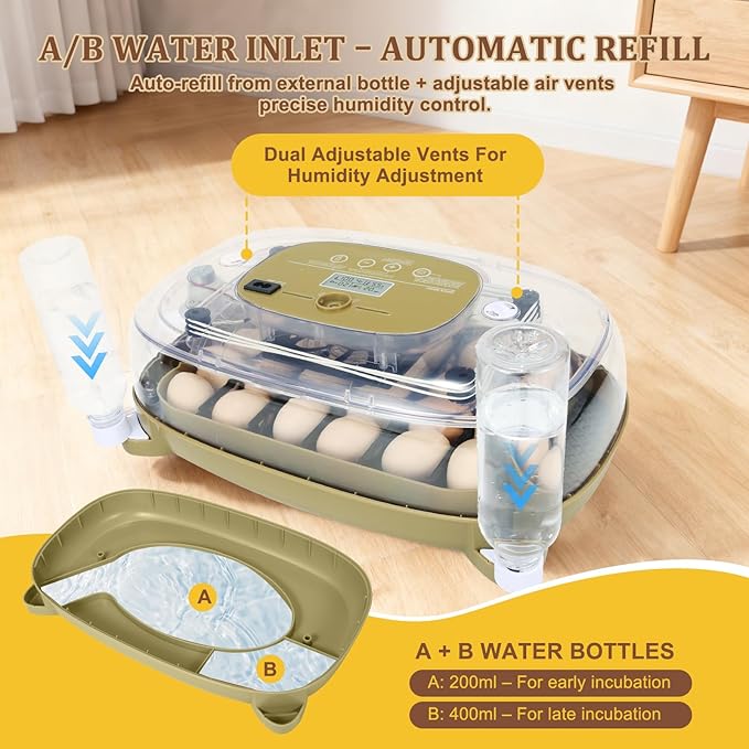 Smart 24-Egg Incubator for Hobbyists, Full-Stage Adaptive Humidity (Dual-Bottle) & Temp Control, Custom-Interval Auto Turn & Auto Stop, Preset Incubation Days, Adjustable Egg Spacing - Image 5