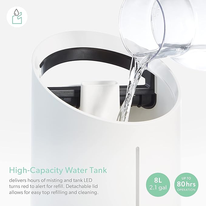 TruSens Clean Mist Ultrasonic Humidifier With UV-C Light, Large 8L Tank, Humidity Sensor, Warm & Cool Mist, Water Softening Filter, Essential Oil Tray, Auto Mode, Night Mode, Portable Handle - Image 4
