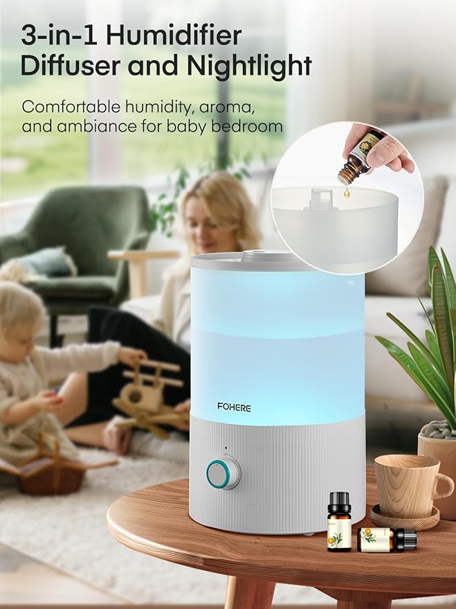 FOHERE Humidifier for Bedroom Baby, 3.2L Top Fill Cool Mist Humidifiers for Nursery, Home, 28H Ultra Quiet Runtime, Auto Shut-Off, Soft 7-Color Night Light, BPA-Free, Essential Oil Tray, White - Image 4