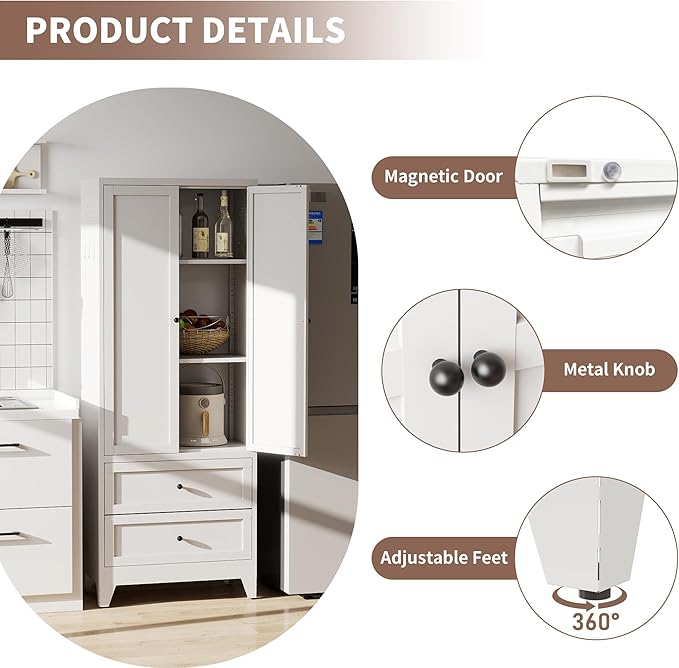 Kitchen Pantry Storage Cabinets with Drawers, 72" Tall Kitchen Cupboard Metal Pantry Cabinet with Adjustable Shelves, for Home Office Living Dining Room, Assembly Required(White) - Image 3