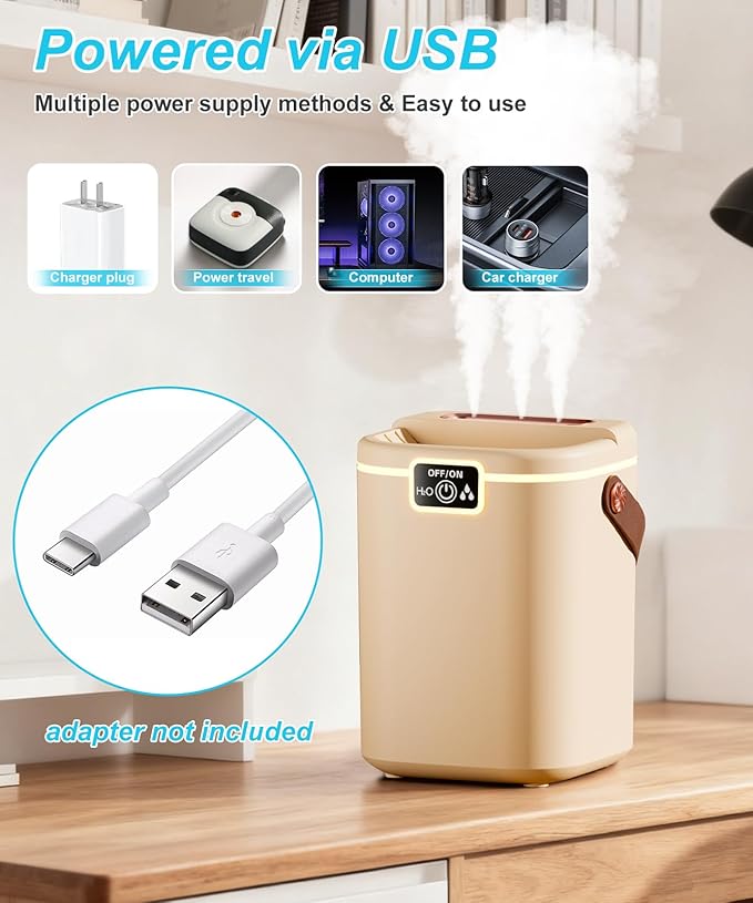 Air Humidifier for Bedroom with Three Spray, 2L Quiet Cool Mist Humidifier for Plants Dorm Room Office Home Car Personal Humidificador with Top Water Inlet & 4 Mist Modes & Night Light - Image 7