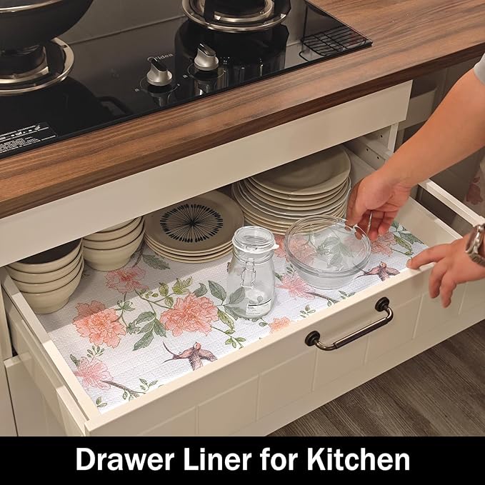 Bird Floral Shelf Liners Non Adhesive and Strong Non-Slip 12IN x 20FT Shelf and Drawer Liners for Kitchen Cabinet Wire Fridge, Waterproof Shelf Drawer Liner,Easy to Clean - Image 3
