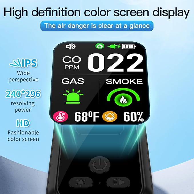 5IN1 Plug in Smoke & Carbon Monoxide Detector & Combustible Natural Gas Combination Builti-in Backup Battery HD Screen [Smoke CO Gas Temp Humidity Sensor] for Home Hotel RV (1-Pcs, Black) - Image 7