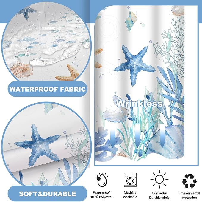 No Hook Shower Curtain with Snap in Liner, Beach Ocean Nautical Coastal Shower Curtains and Liner Set for Bathroom, Seashell Hotel Fabric Bath Curtain, Waterproof Washable, Watercolor Blue 71" x 74" - Image 4