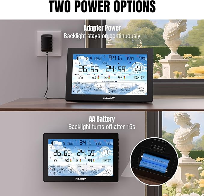 Raddy N90 Wi-Fi Weather Station with 8.8" Display, Smart App Connectivity, Indoor Outdoor Thermometer with Wireless Sensor, Temp & Humidity Monitor, PM2.5/AQI/UVI, 5-Day Forecast, Sunrise/Sunset Time - Image 8