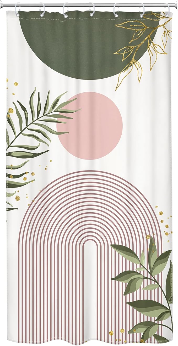Small Stall Boho Shower Curtain 36Wx72H RV Green Pink Modern Mid Century Abstract Leaves Plant Minimalist Geometric Bathroom Decor Half Narrow Standing Bath Curtain Fabric Polyester 7 Pack Hook - Image 7