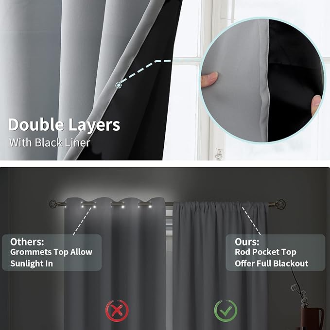 BGment Long Blackout Curtains for Living Room 90 Inch Length, Full Room Darkening Thermal Insulated Noise Reducing Rod Pocket Curtains Drapes, 46 Inch Wide, Light Grey, 2 Panels - Image 7