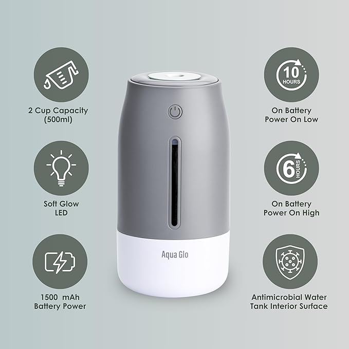 Aqua Glo Personal, Portable Humidifiers for Bedroom – Ultrasonic Cool Mist Humidifier with Built In Rechargeable Battery. Air Humidifier for Baby, Plants, Home, Office, Travel. Gray - Image 4