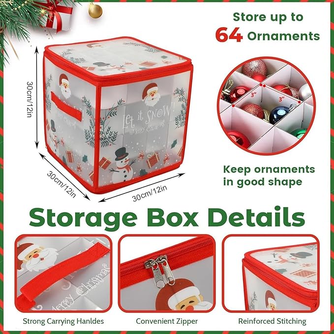 Ornament Boxes - Large Capacity Holiday Organizer, Removable Dividers, Clear Lid Storage Box, Portable Handle | Xmas Decoration Holder For Balls, Home, Attic, Closet, Garage, College Dorm, Seasonal De - Image 6