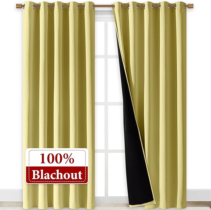 NICETOWN Total Shade Curtains and Draperies, Heavy-Duty Full Light Shading Drapes with Black Liner Backing for Villa/Hall/Dorm Window(Paler Yellow, Package of 2, 70 inches Wide x 95 inches Long) - Image 2