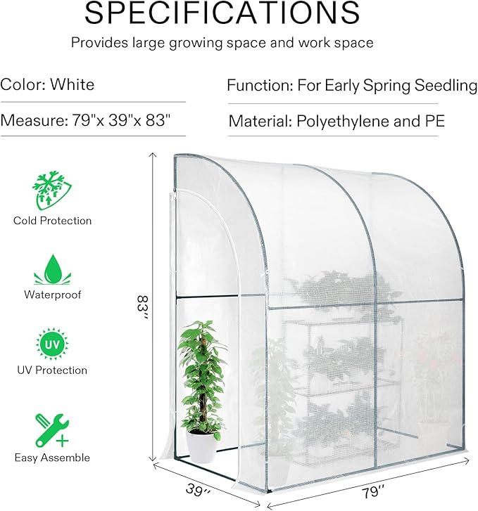 VIVOSUN Mini Lean-to Greenhouse, 6.6’ x 3.3’ x 6.9’ Portable Wall House with White PE Cover and Shelf for Compact Garden 79x39x83-Inch - Image 7