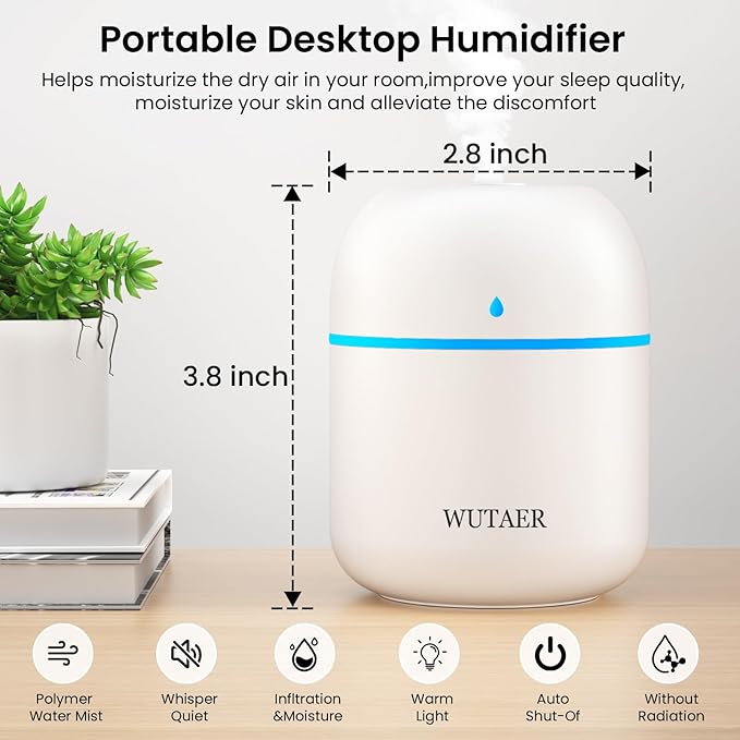 Portable Small Humidifier, WUTAER USB Personal Desktop Humidifier for Car, Office Room, Bedroom, Auto Shut-Off, 2 Mist Modes, Super Quiet(220ml, White) - Image 2