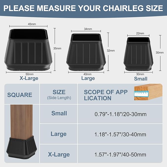 24PCS Square Chair Leg Floor Protectors for Hardwood Floors, Thicken Rubber Chair Leg Cap Covers, Non Slip Furniture Leg Pads to Protect Wood Tile Floors from Scratches and Reduce Noise - Image 3