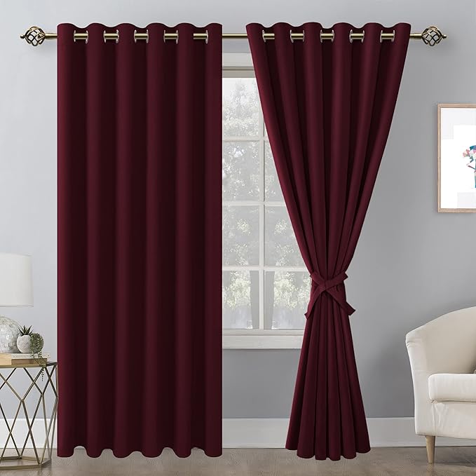 Hiasan Grommet Blackout Curtains for Bedroom, 70 x 84 Inches - Thermal Insulated & Light Blocking Window Drapes for Living Room/Dorm Room Christmas Decor, Set of 2 Panels Sewn with Tiebacks, Burgundy - Image 2