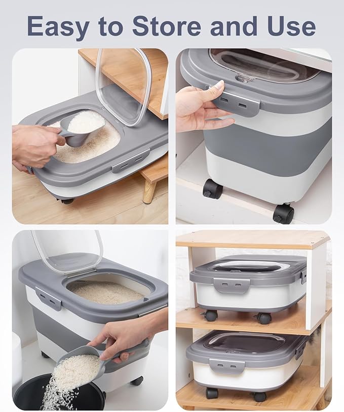 20-30 Lbs Rice Storage Container,Collapsible Food Storage Containers with Rolling Wheel Airtight Locking Lid,Flour Storage Container with Cup and Scoop,Suitable for Food,Rice,Pet Food,Flour - Image 4