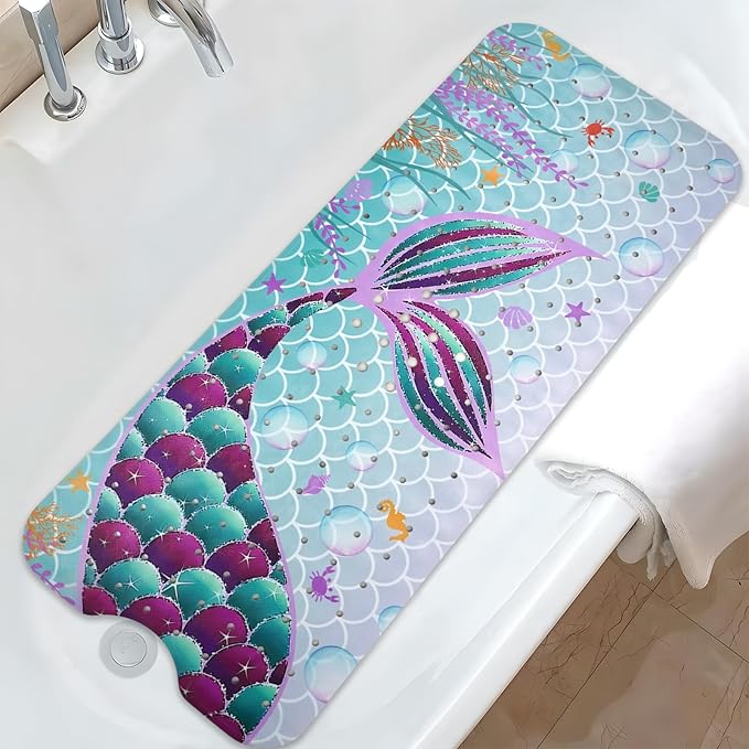 Mermaid Bathtub Mat Non Slip, Cute Baby Bath Mat for Tub Rubber Tub Mat, Kids Bath Mats for Bathroom Little Girls Anti Slip Shower Mat with Suction and Drain Holes Machine Washable, 40″X16″ by Unknown