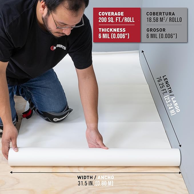 ROBERTS 70-198 Silicone Moisture Barrier Underlayment for Solid & Engineered Wood Floors & LVP - 31.5 in. x 76.25 ft. x 6 mil - 200 sq. ft. coverage - Image 4