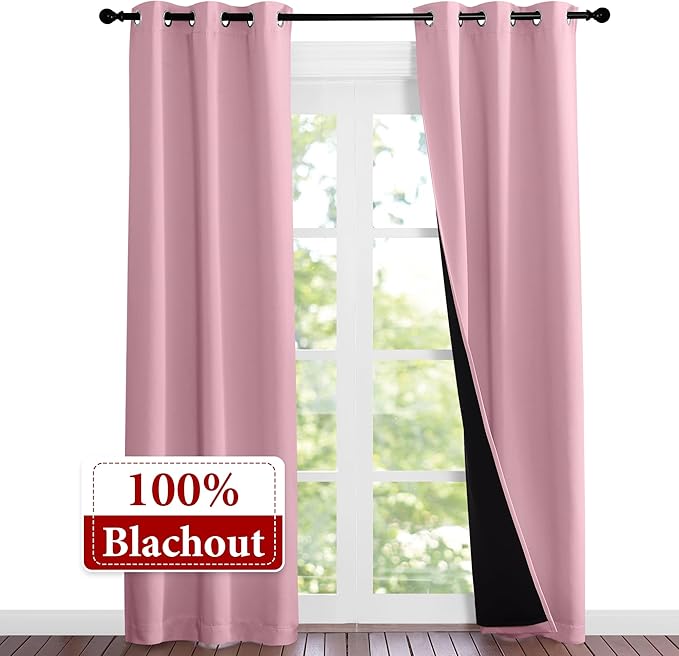 NICETOWN 100% Blackout Short Curtains with Black Liners, Solid Thermal Insulated Full Blackout 2-Layer Lined Drapes, Energy Efficiency Window Drapes for Bedroom (2 Panels, 37"W by 84"L, Crystal Pink) - Image 2