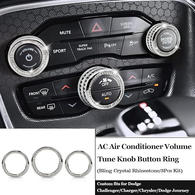 Auprite Climate Control Knob Covers for Challenger Accessories 2015-2023 2024, for Dodge Charger 2015-2023 2024, for Dodge Chrysler 300/300s 2015-2024,3Pcs Kit (Bling Silver) - Image 2