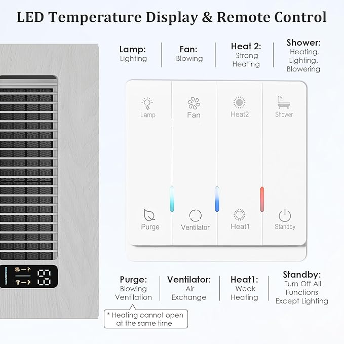 4 in 1 Bathroom Exhaust Fan with Light and Heater, 1900W Bathroom Heater Fan Light Combo, 180 CFM 1.0 Sone Ceiling Fan Remote Control Heater, Ventilation for Home, Bath, Hotel (Style 2) - Image 12