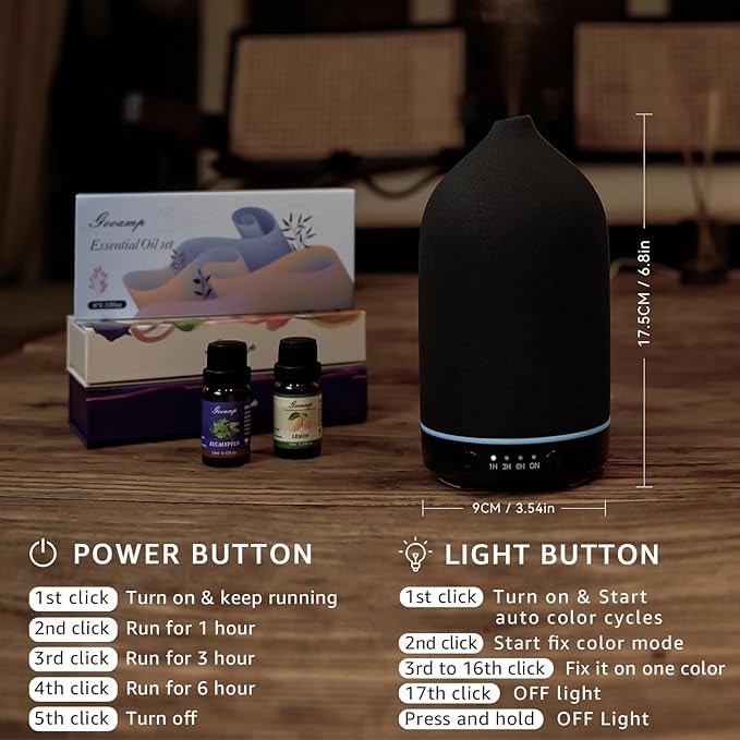 200ML Ceramic Essential Oil Diffuser - Ultrasonic Aromatherapy & Humidifier with 7-Color LED Lights, Auto Shut-Off, Black, 1H/3H/6H Timer | Scent for Home, Office, Yoga - Image 6