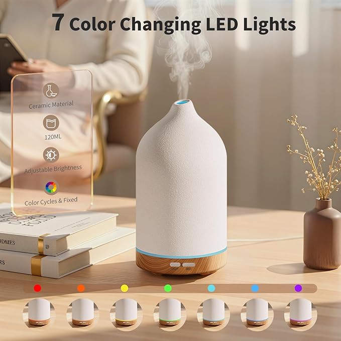 URPOWER 120ML Ceramic Essential Oil Diffuser Ultrasonic Aromatherapy Diffuser with Wood Grain Base, 7-Color LED Lights Auto Shut-Off, Humidifier for Home & Office, Air Diffuser for Relaxation - Image 3