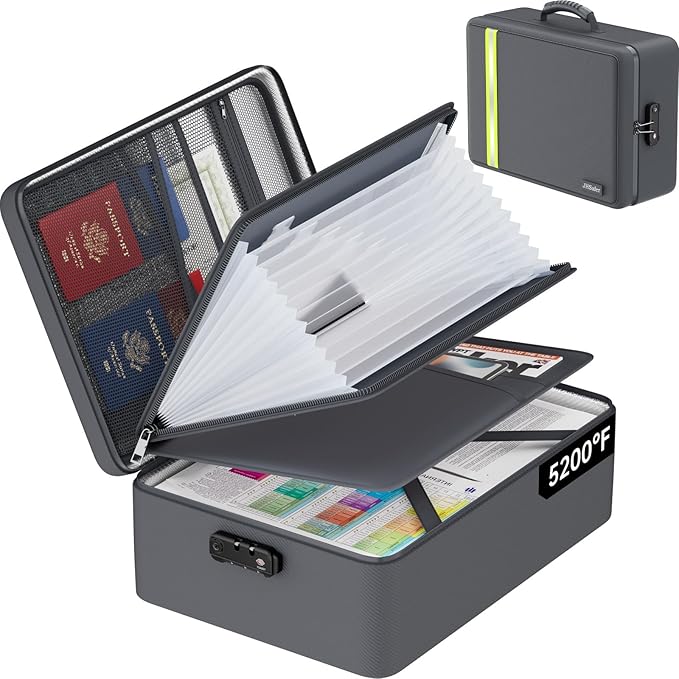 Fireproof Document Bag, Insulated Large Document Box with Lock, Important Document Organizer with Waterproof Zipper Home Office for Letter/A4 Files (Gray&13 Pockets-Transparent, 17 x 12 x 5.3 inch) by JIHOX