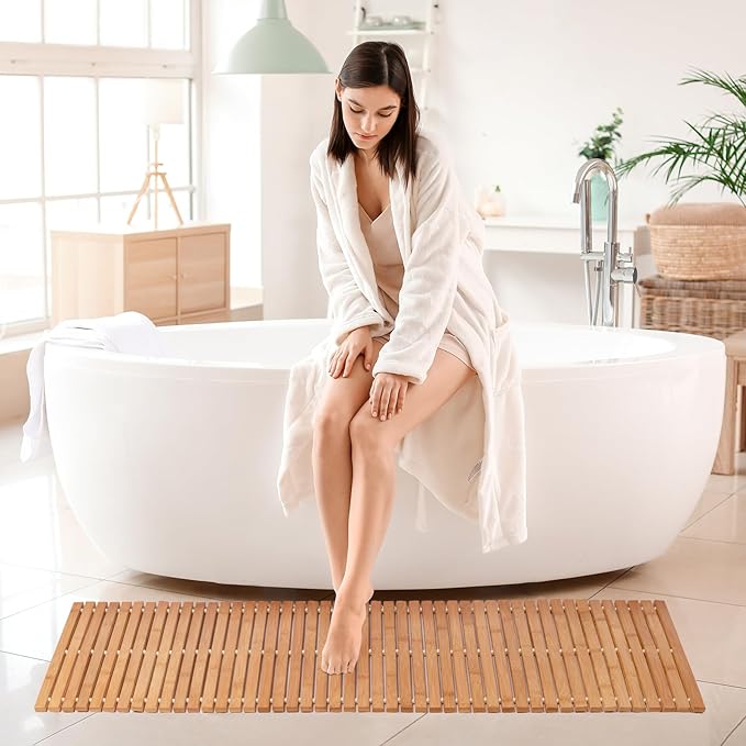 Bamboo Bath Mat Bathroom Runner Long Large Rugs Floor Wood Shower Bathtub Waterproof Non Slip Accessories 16x48 Inch Easy to Clean, Natural Bamboo, 1 pc - Image 7