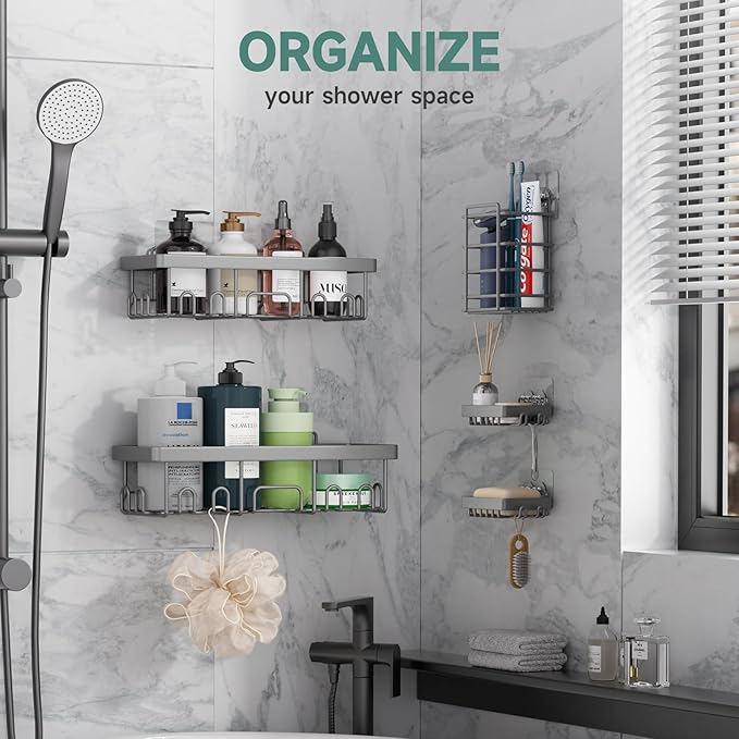 Veken Adhesive Shower Caddy 5-Pack,Heavy Weight Bearing,Large Wall Mounted Shower Shelves Rack,Organizer Storage Accessories with Soap Dish&Toothbrush Holder,Ideal for Bathroom,Home&Kitchen,Light Grey - Image 2