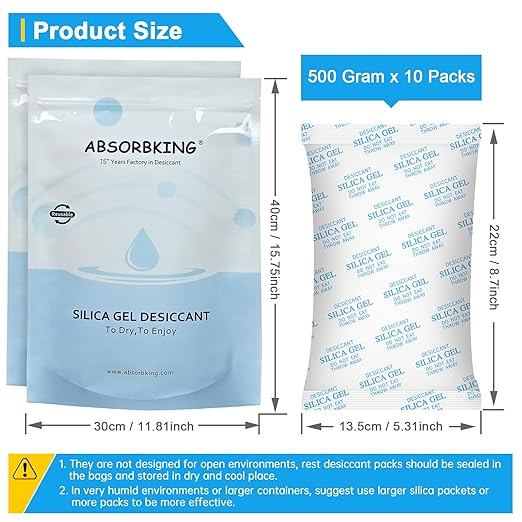Large Desiccant Packs, 500 Gram 10 Packs Silica Gel Packets for Moisture Control, Silica Gel Car Dehumidifier by Reusable, Large Moisture Absorbers for Electric Tool, Basement, 3D Filaments and Safes - Image 2
