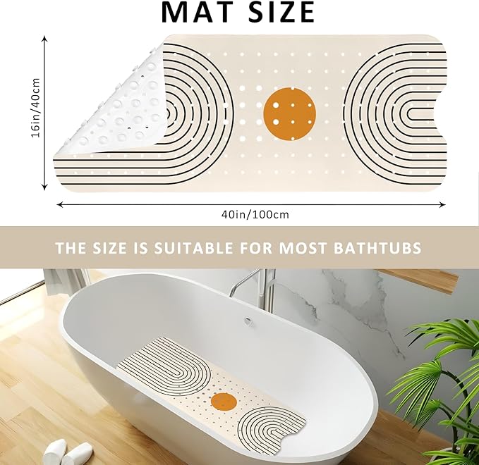 Rainbow Bathtub Mat Non Slip, Baby Bath Mat for Tub Rubber Tub Mat, Kids Bath Mats for Bathroom Modern Geometric Anti Slip Shower Mat with Suction and Drain Holes Machine Washable, 40″X16″ - Image 3