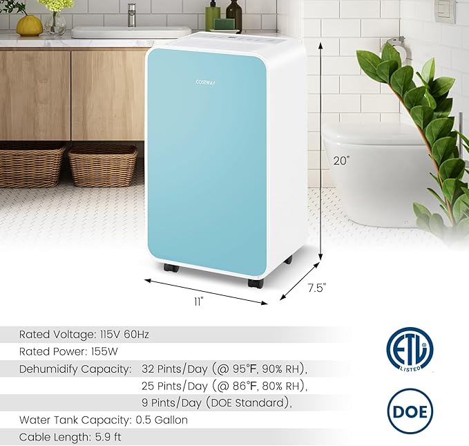 COSTWAY 2500 Sq. Ft Dehumidifier for Basement, 32 Pints Portable Quiet Dehumidifier for Bedroom Bathroom with Sleep Mode, 24H Timer, Auto Shut Off, Auto Defrost & Drain Hose (Navy) - Image 6