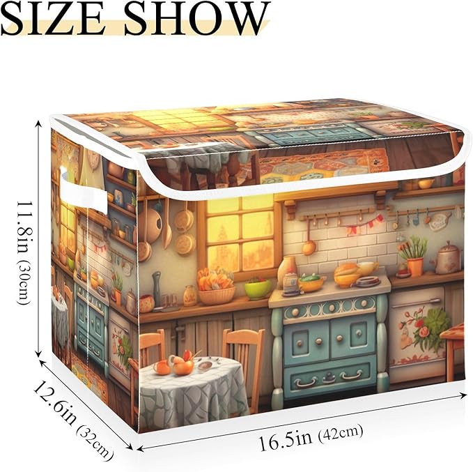 xigua Rustic Kitchen Pattern Storage Bins with Lids and Carrying Handle,Foldable Storage Boxes Organizer Containers Baskets Cube with Cover for Home Bedroom Closet Office - Image 3