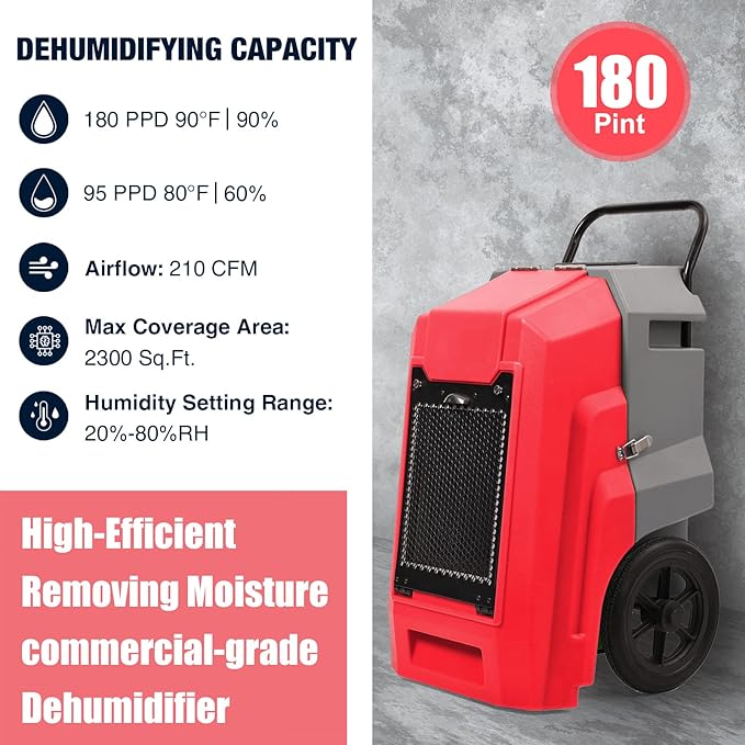 MOUNTO 180Pints Commercial Dehumidifier with Pump and Drain Hose, LGR Portable Dehumidifier with wheels for Home, Basements, Garages, and Job Sites. (Red) - Image 2