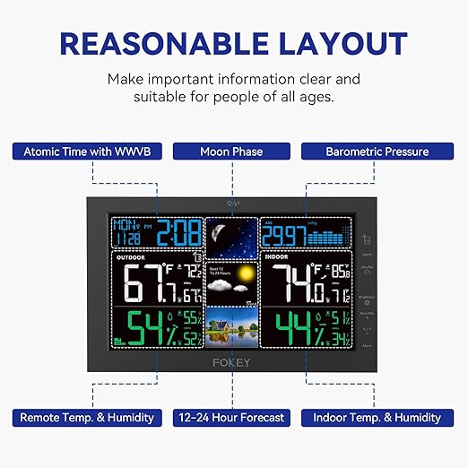 Weather Station Wireless Indoor Outdoor, Indoor Outdoor Thermometer Wireless, Home Atomic Clock Weather Stations, Temperature Humidity Barometer Inside Outside Thermometers, Black with 1 Sensor - Image 4